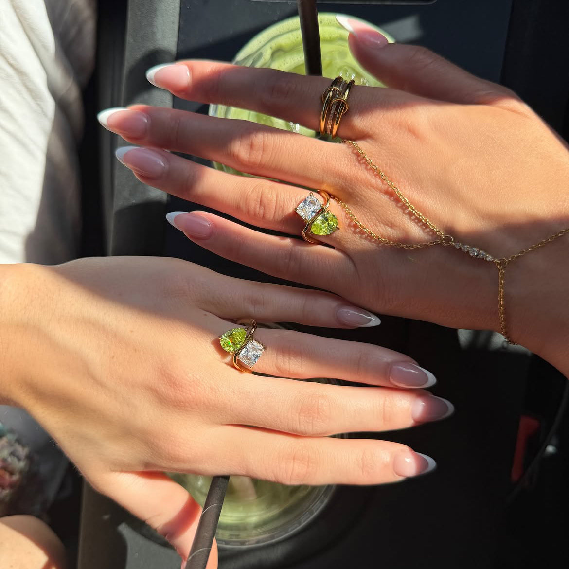 Two rings worn in the car, with an iced matcha